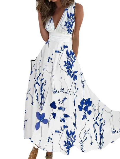 Vestidos largos sin mangas con estampado de flores de verano, sexys, con cuello en V, elegantes, para fiesta, de línea A, a la moda, maxivestidos de noche chic, nuevos