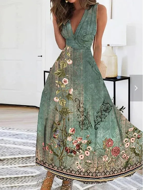 Vestidos largos sin mangas con estampado de flores de verano, sexys, con cuello en V, elegantes, para fiesta, de línea A, a la moda, maxivestidos de noche chic, nuevos