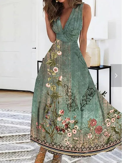 Vestidos largos sin mangas con estampado de flores de verano, sexys, con cuello en V, elegantes, para fiesta, de línea A, a la moda, maxivestidos de noche chic, nuevos