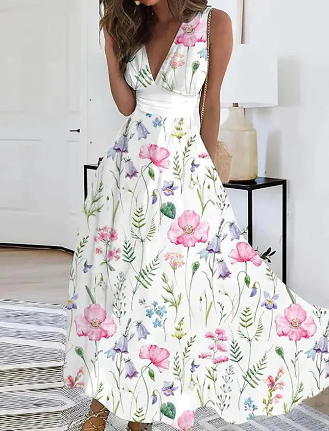 Vestidos largos sin mangas con estampado de flores de verano, sexys, con cuello en V, elegantes, para fiesta, de línea A, a la moda, maxivestidos de noche chic, nuevos