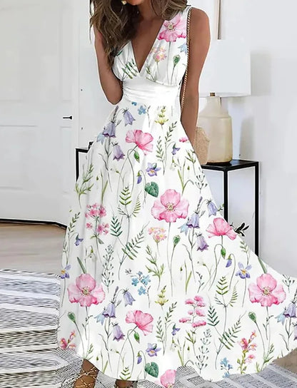 Vestidos largos sin mangas con estampado de flores de verano, sexys, con cuello en V, elegantes, para fiesta, de línea A, a la moda, maxivestidos de noche chic, nuevos