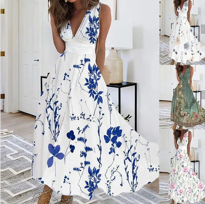 Vestidos largos sin mangas con estampado de flores de verano, sexys, con cuello en V, elegantes, para fiesta, de línea A, a la moda, maxivestidos de noche chic, nuevos