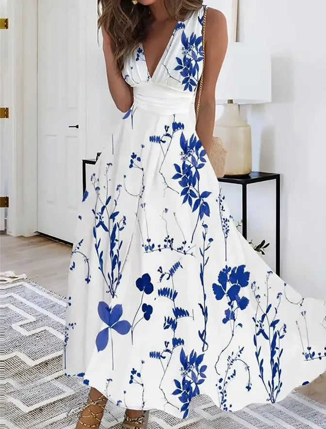 Vestidos largos sin mangas con estampado de flores de verano, sexys, con cuello en V, elegantes, para fiesta, de línea A, a la moda, maxivestidos de noche chic, nuevos