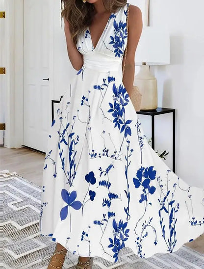 Vestidos largos sin mangas con estampado de flores de verano, sexys, con cuello en V, elegantes, para fiesta, de línea A, a la moda, maxivestidos de noche chic, nuevos
