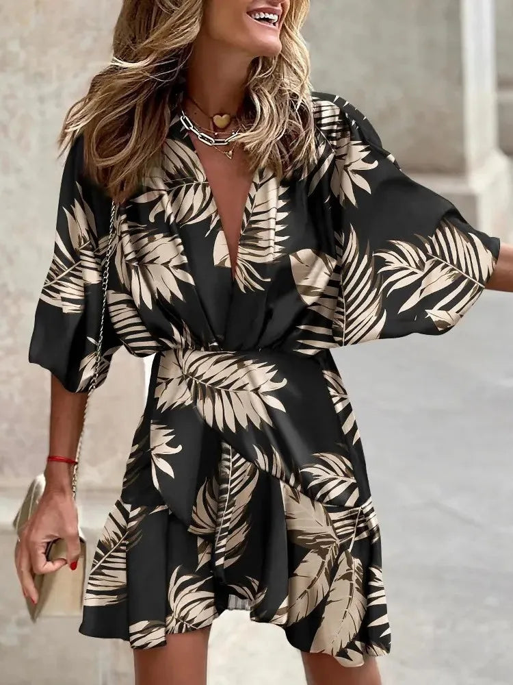 Summer Irregular Mini Dress Fashion Print Casual Elegant Bohemia Sundress Bat Sleeve Ruffles Vestidos Elegant Dresses For Women