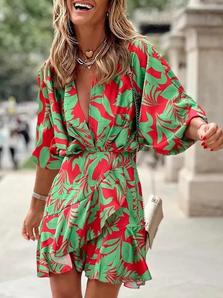 Summer Irregular Mini Dress Fashion Print Casual Elegant Bohemia Sundress Bat Sleeve Ruffles Vestidos Elegant Dresses For Women