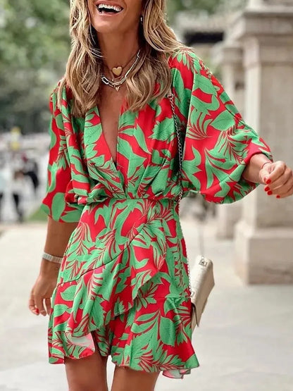 Summer Irregular Mini Dress Fashion Print Casual Elegant Bohemia Sundress Bat Sleeve Ruffles Vestidos Elegant Dresses For Women