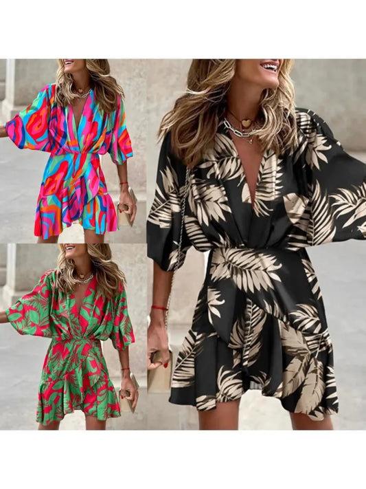 Summer Irregular Mini Dress Fashion Print Casual Elegant Bohemia Sundress Bat Sleeve Ruffles Vestidos Elegant Dresses For Women