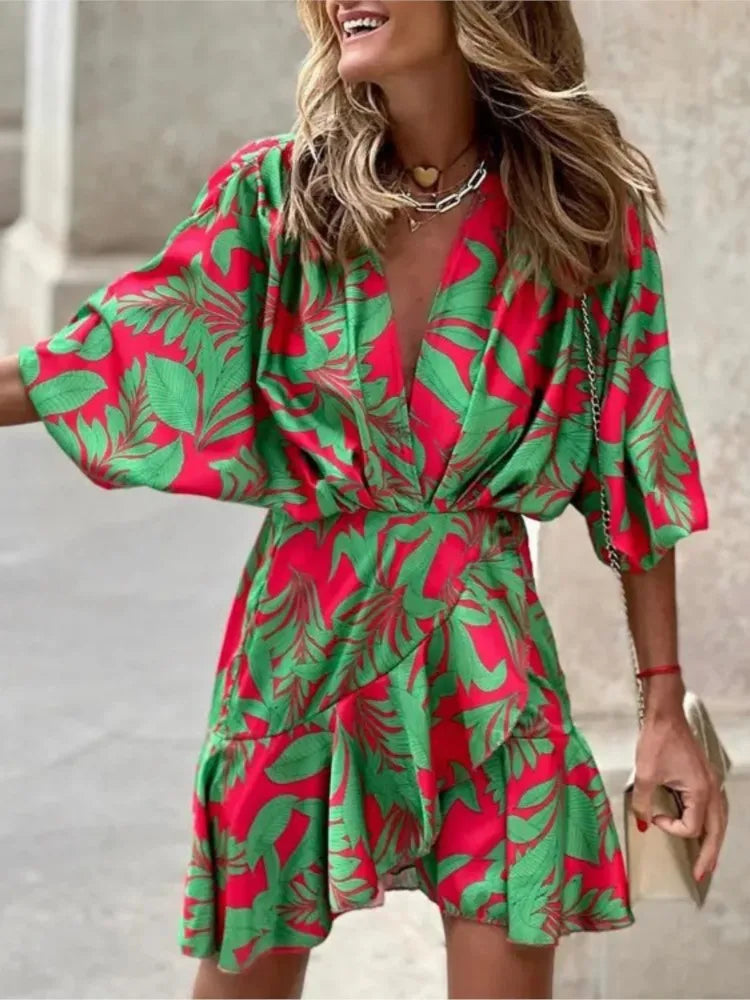 Summer Irregular Mini Dress Fashion Print Casual Elegant Bohemia Sundress Bat Sleeve Ruffles Vestidos Elegant Dresses For Women