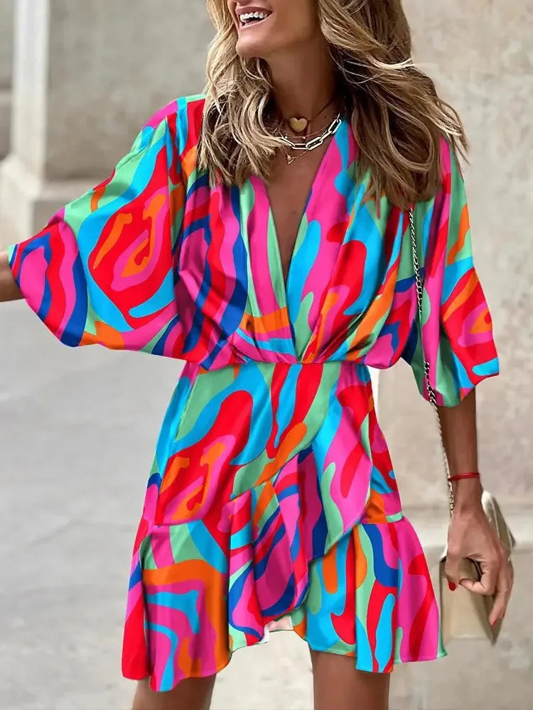 Summer Irregular Mini Dress Fashion Print Casual Elegant Bohemia Sundress Bat Sleeve Ruffles Vestidos Elegant Dresses For Women