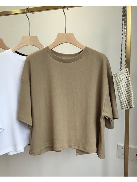 Summer New Ladies Casual Backless T-Shirt 2025 Korean Women Round Neck Loose Sweet Spicy Wind Short-Sleeved Crop Tops