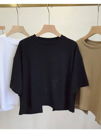 Summer New Ladies Casual Backless T-Shirt 2025 Korean Women Round Neck Loose Sweet Spicy Wind Short-Sleeved Crop Tops