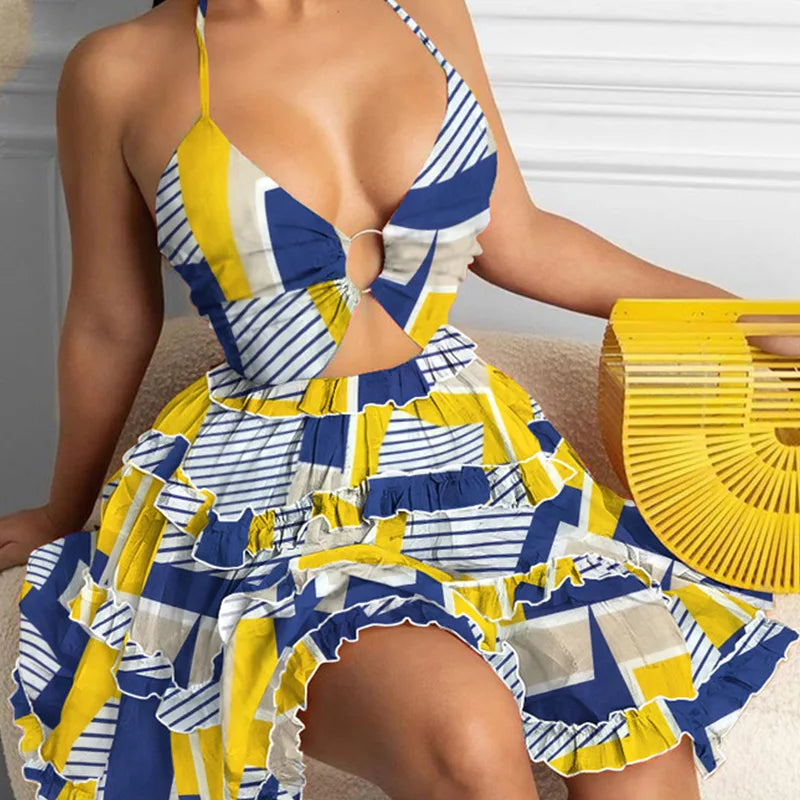 Vestido corto femenino de verano con cuello halter y estampado, minivestido sexy con escote en V profundo, espalda descubierta y abertura para playa
