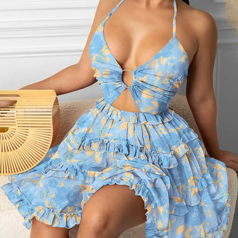 Vestido corto femenino de verano con cuello halter y estampado, minivestido sexy con escote en V profundo, espalda descubierta y abertura para playa