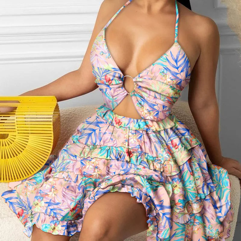 Vestido corto femenino de verano con cuello halter y estampado, minivestido sexy con escote en V profundo, espalda descubierta y abertura para playa