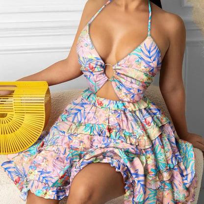 Vestido corto femenino de verano con cuello halter y estampado, minivestido sexy con escote en V profundo, espalda descubierta y abertura para playa
