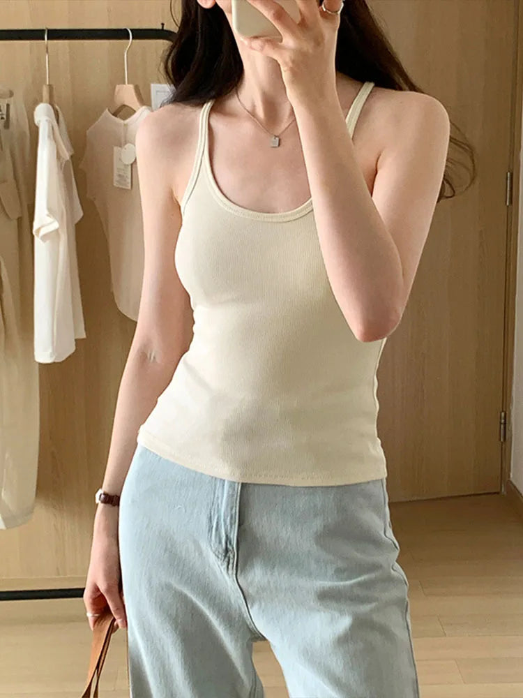 Camiseta de tirantes de verano para mujer, sencilla, de color liso, ajustada, informal, a la moda, color albaricoque, gris oscuro, café oscuro y negro.