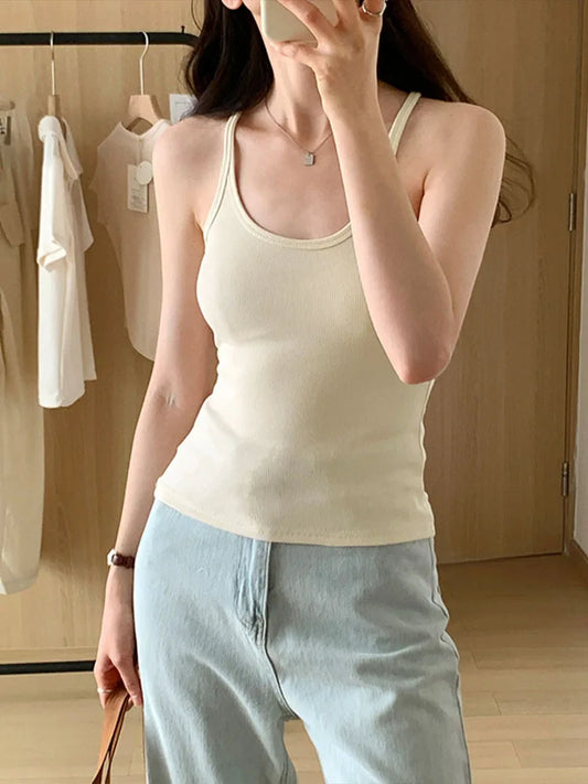 Camiseta de tirantes de verano para mujer, sencilla, de color liso, ajustada, informal, a la moda, color albaricoque, gris oscuro, café oscuro y negro.