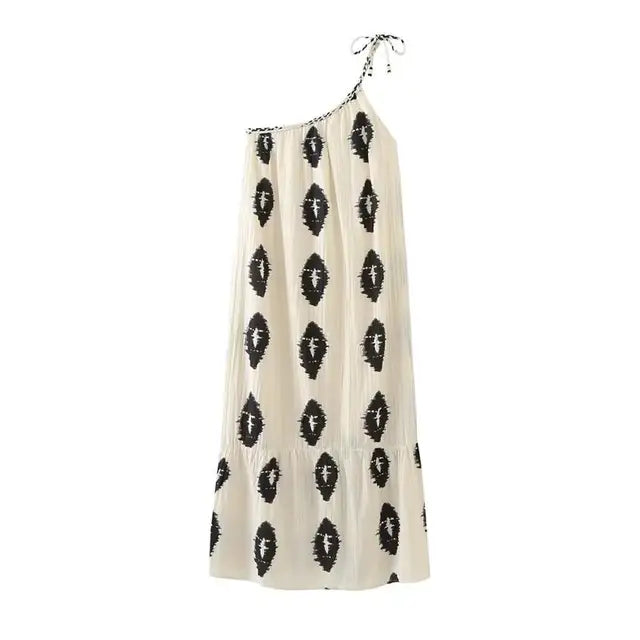Summer Printing Suspender Maxi Dresses Women One Shoulder Backless Irregular Beach Dress Female Elegant Loose Chic Long Dresses