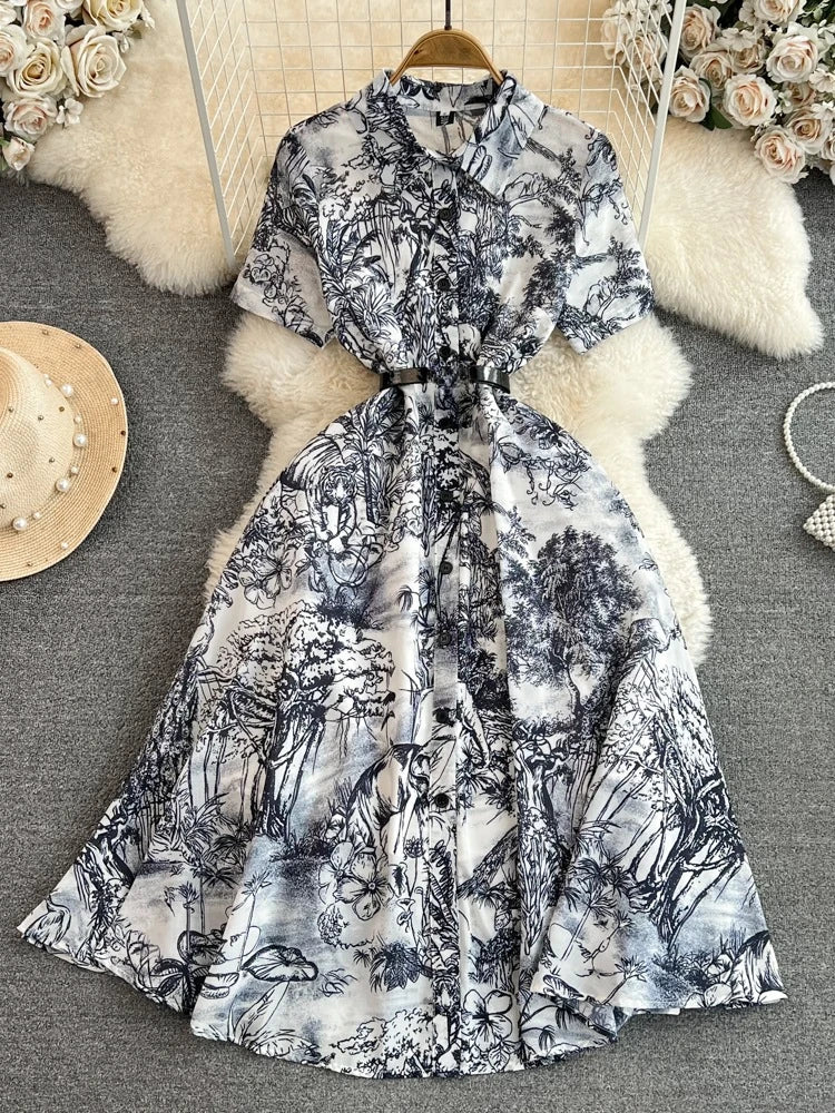 Vestido camisero retro de verano para mujer, manga corta, solapa, botonadura sencilla, corte A, estampado, largo, elegante, para fiesta