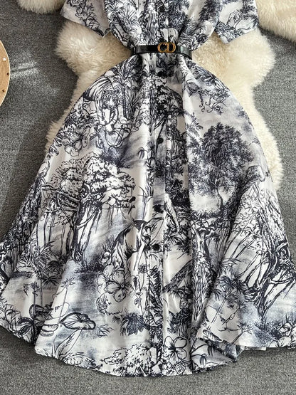 Vestido camisero retro de verano para mujer, manga corta, solapa, botonadura sencilla, corte A, estampado, largo, elegante, para fiesta