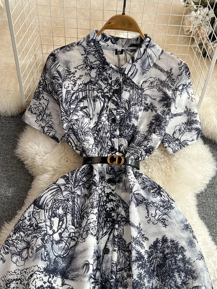 Vestido camisero retro de verano para mujer, manga corta, solapa, botonadura sencilla, corte A, estampado, largo, elegante, para fiesta
