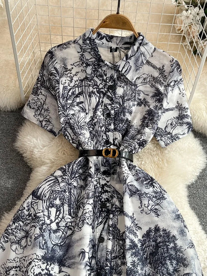 Vestido camisero retro de verano para mujer, manga corta, solapa, botonadura sencilla, corte A, estampado, largo, elegante, para fiesta