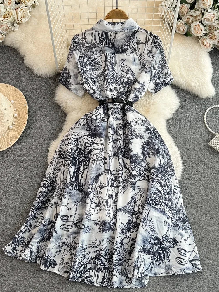 Vestido camisero retro de verano para mujer, manga corta, solapa, botonadura sencilla, corte A, estampado, largo, elegante, para fiesta