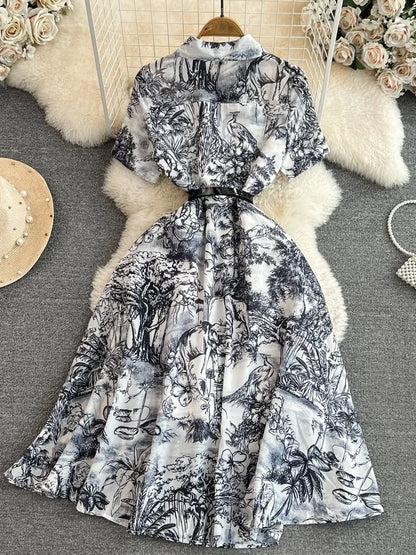 Vestido camisero retro de verano para mujer, manga corta, solapa, botonadura sencilla, corte A, estampado, largo, elegante, para fiesta
