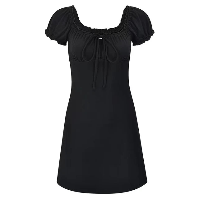 Vestido mini sexy de verano para mujer, de manga corta, con cordones, informal, sin espalda, con pliegues, ajustado, negro, elegante, para fiesta, corte A