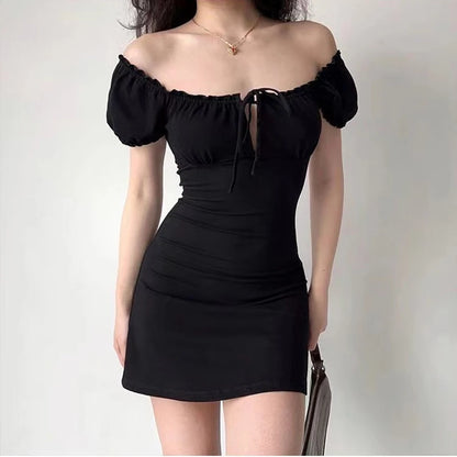 Vestido mini sexy de verano para mujer, de manga corta, con cordones, informal, sin espalda, con pliegues, ajustado, negro, elegante, para fiesta, corte A