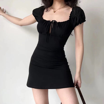 Vestido mini sexy de verano para mujer, de manga corta, con cordones, informal, sin espalda, con pliegues, ajustado, negro, elegante, para fiesta, corte A