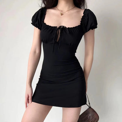 Vestido mini sexy de verano para mujer, de manga corta, con cordones, informal, sin espalda, con pliegues, ajustado, negro, elegante, para fiesta, corte A