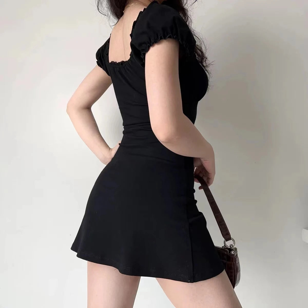 Vestido mini sexy de verano para mujer, de manga corta, con cordones, informal, sin espalda, con pliegues, ajustado, negro, elegante, para fiesta, corte A