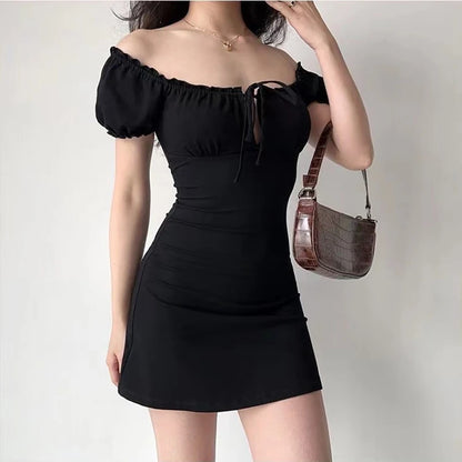 Vestido mini sexy de verano para mujer, de manga corta, con cordones, informal, sin espalda, con pliegues, ajustado, negro, elegante, para fiesta, corte A