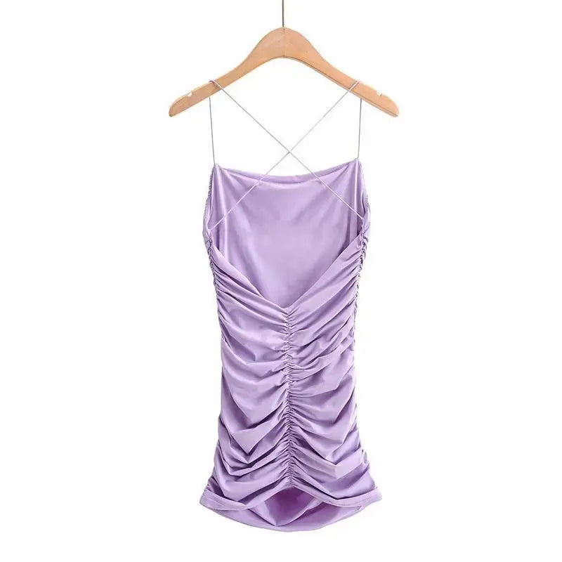 Vestido corto ajustado con tirantes cruzados y espalda descubierta para mujer, sexy, sin mangas, plisado, con la parte inferior cruzada en la cadera, para discoteca