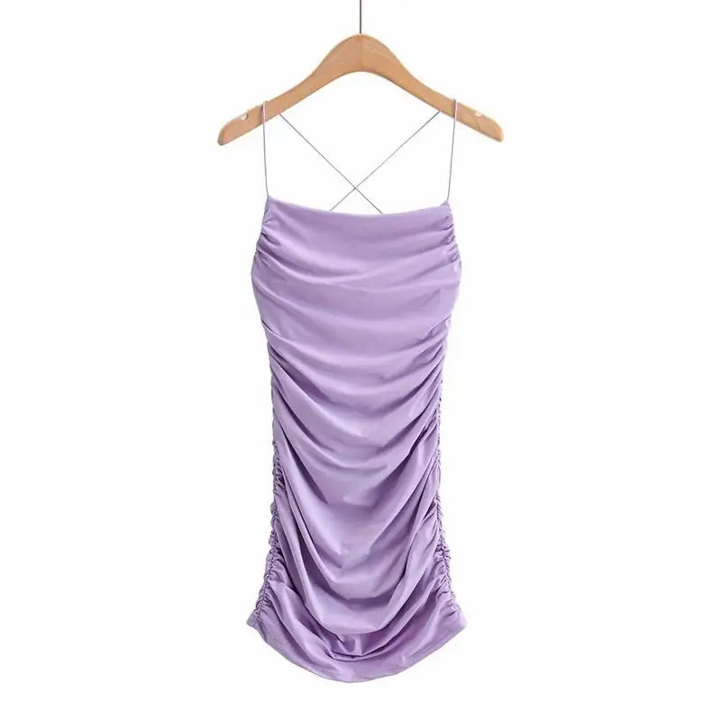 Vestido corto ajustado con tirantes cruzados y espalda descubierta para mujer, sexy, sin mangas, plisado, con la parte inferior cruzada en la cadera, para discoteca