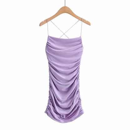 Vestido corto ajustado con tirantes cruzados y espalda descubierta para mujer, sexy, sin mangas, plisado, con la parte inferior cruzada en la cadera, para discoteca