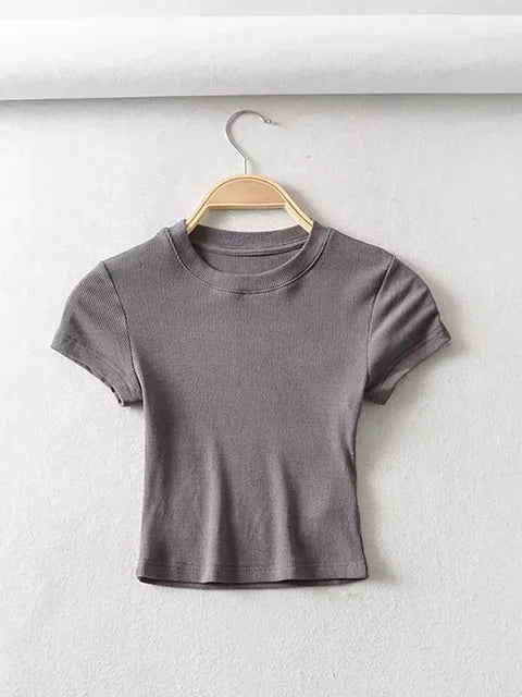 Camiseta de verano sexy de manga corta con cuello redondo para mujer, top corto ajustado elástico