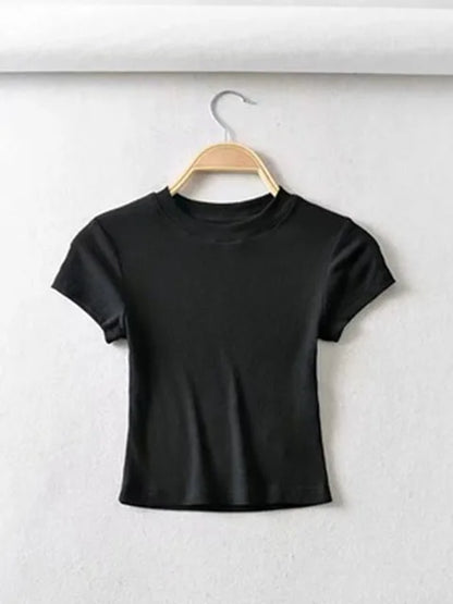 Camiseta de verano sexy de manga corta con cuello redondo para mujer, top corto ajustado elástico