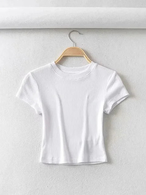 Camiseta de verano sexy de manga corta con cuello redondo para mujer, top corto ajustado elástico