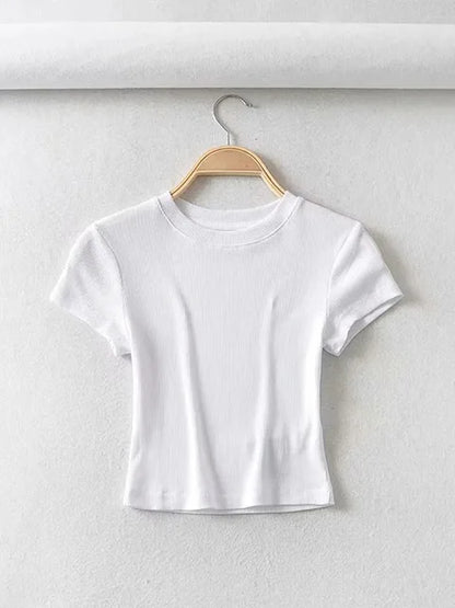 Camiseta de verano sexy de manga corta con cuello redondo para mujer, top corto ajustado elástico