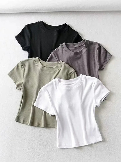 Camiseta de verano sexy de manga corta con cuello redondo para mujer, top corto ajustado elástico