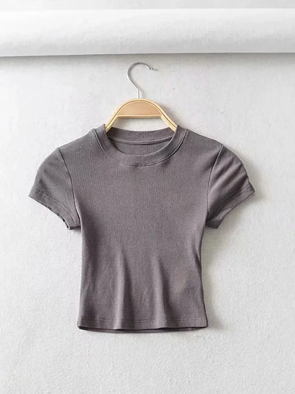 Camiseta de verano sexy de manga corta con cuello redondo para mujer, top corto ajustado elástico