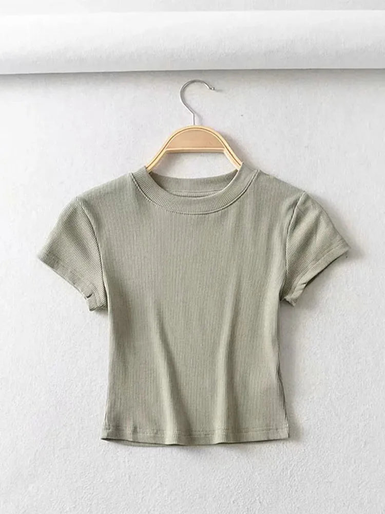 Camiseta de verano sexy de manga corta con cuello redondo para mujer, top corto ajustado elástico