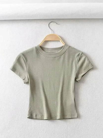Camiseta de verano sexy de manga corta con cuello redondo para mujer, top corto ajustado elástico