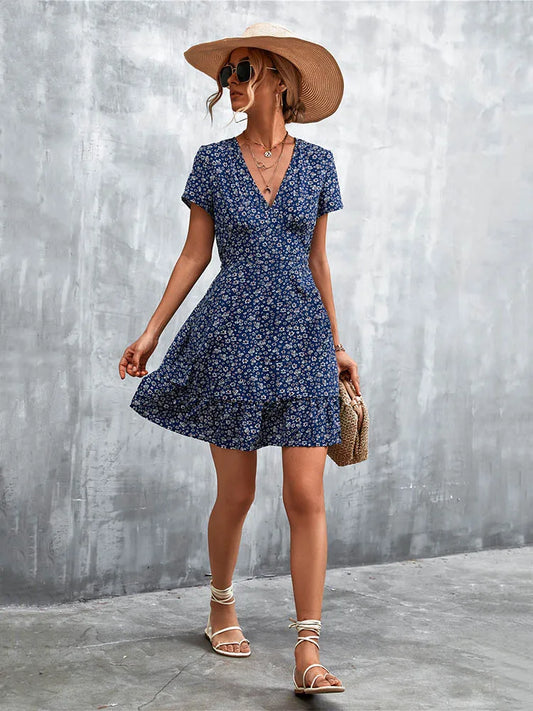 Vestido bohemio corto de verano para mujer, vestido de fiesta con cuello en V y estampado floral, minivestido bohemio con flores para mujer