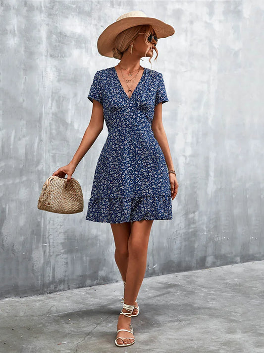 Vestido bohemio corto de verano para mujer, vestido de fiesta con cuello en V y estampado floral, minivestido bohemio con flores para mujer