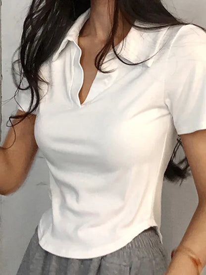 Top de verano de manga corta con solapa para mujer, jersey liso con cuello en V, camisetas retro dulces, top corto sexy para chica, camiseta ajustada y versátil para mujer