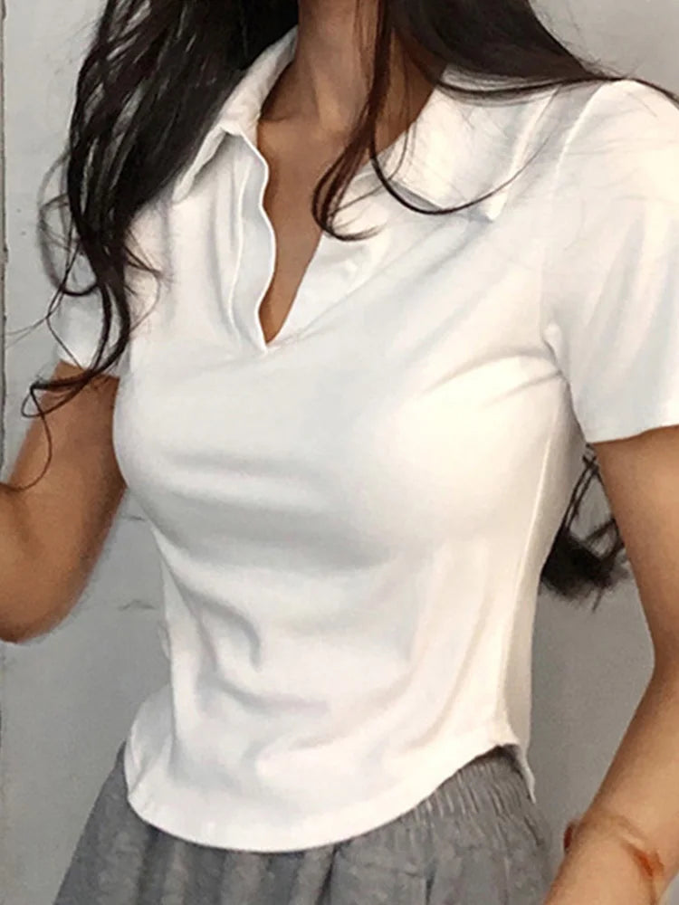 Top de verano de manga corta con solapa para mujer, jersey liso con cuello en V, camisetas retro dulces, top corto sexy para chica, camiseta ajustada y versátil para mujer